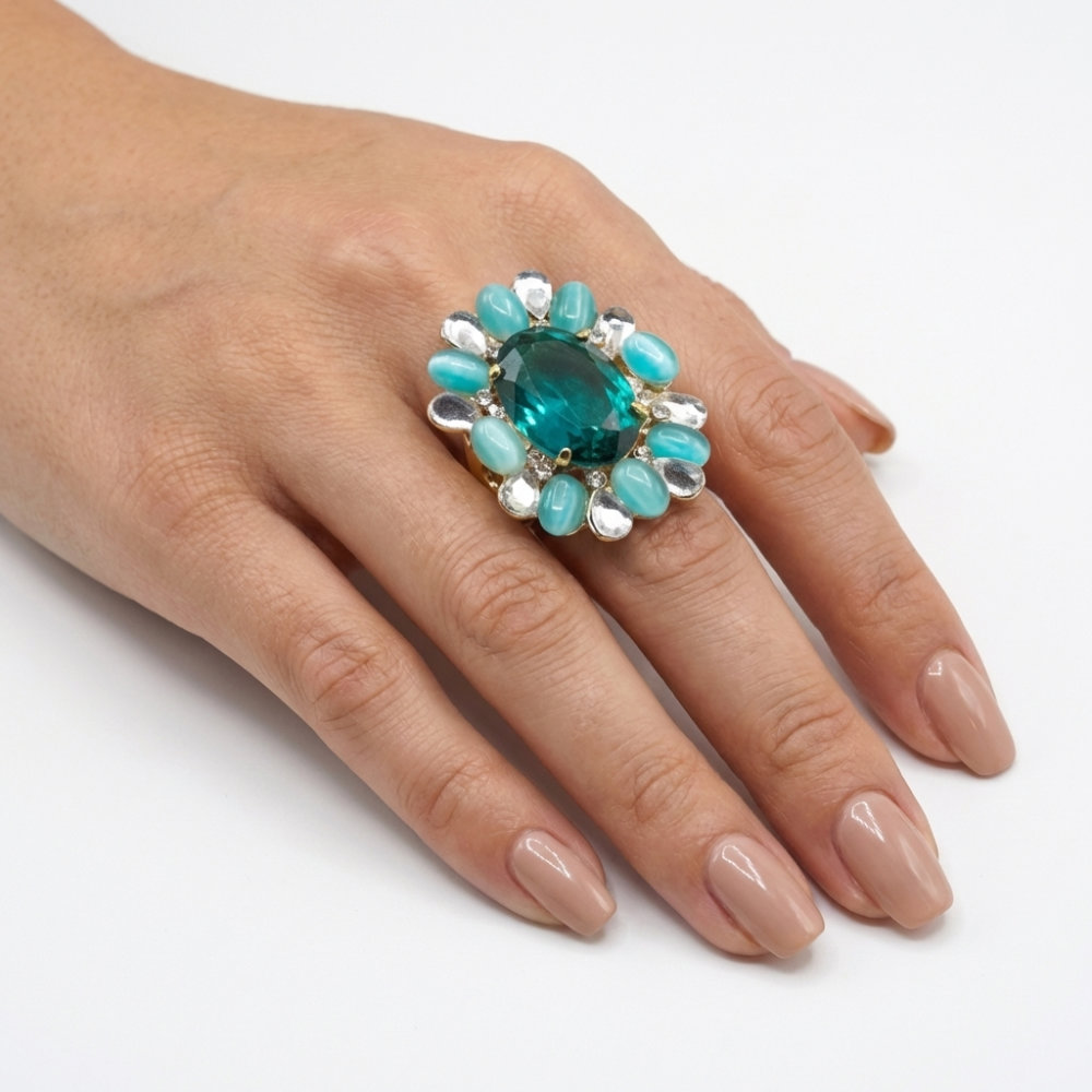 Teal Sunburst Cabochon Cocktail Ring