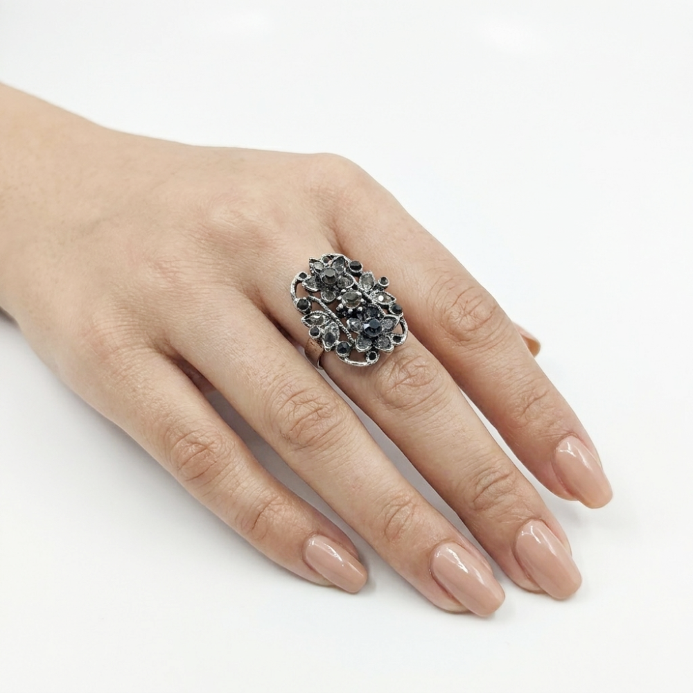 Vintage Noir Floral Crystal Statement Ring