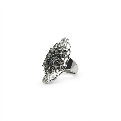 Silver Filigree Floral Marcasite Cocktail Ring
