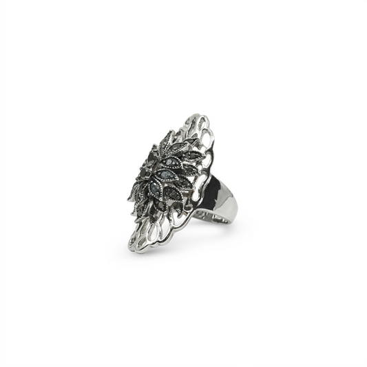 Silver Filigree Floral Marcasite Cocktail Ring