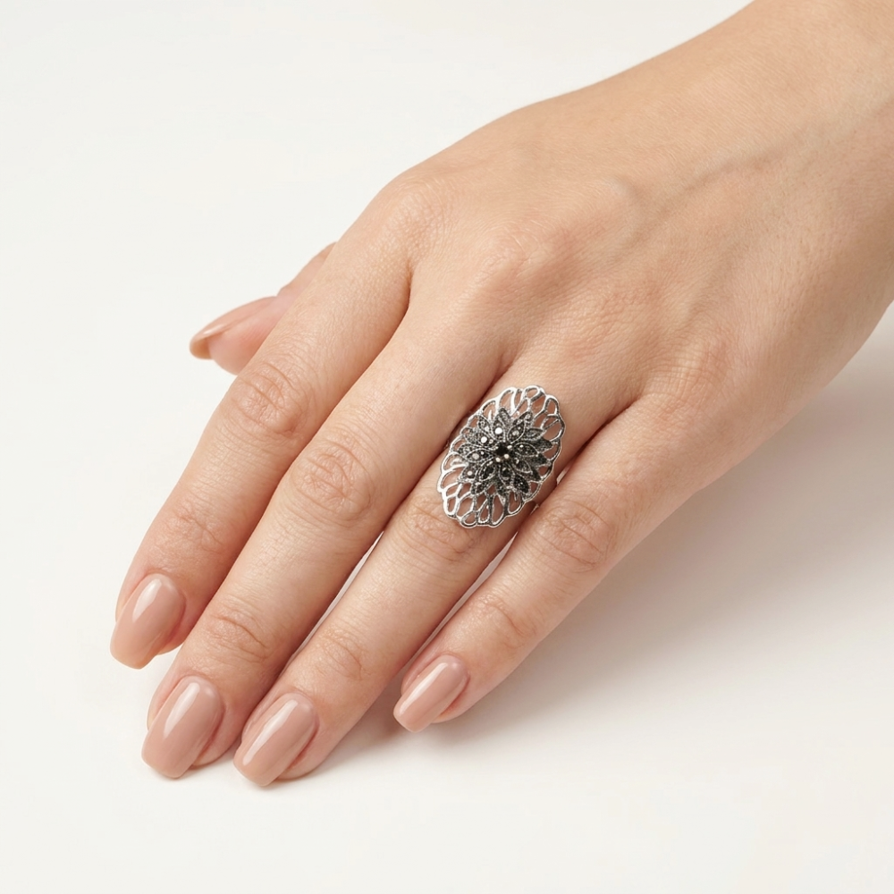 Silver Filigree Floral Marcasite Cocktail Ring