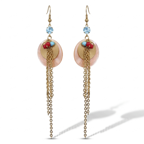 Shell Disc & Gold Chain Fringe Drop Earrings