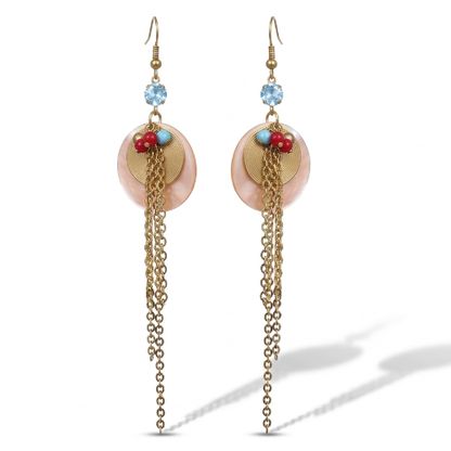 Shell Disc & Gold Chain Fringe Drop Earrings