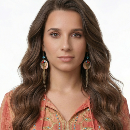 Shell Disc & Gold Chain Fringe Drop Earrings