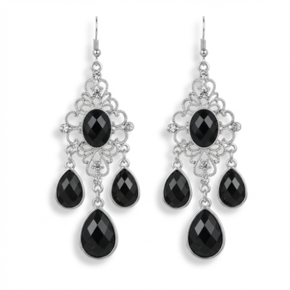 Black Onyx Filigree Chandelier Drop Earrings