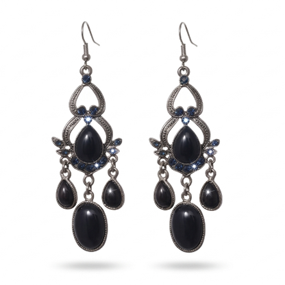 Black Onyx & Blue Crystal Chandelier Drop Earrings