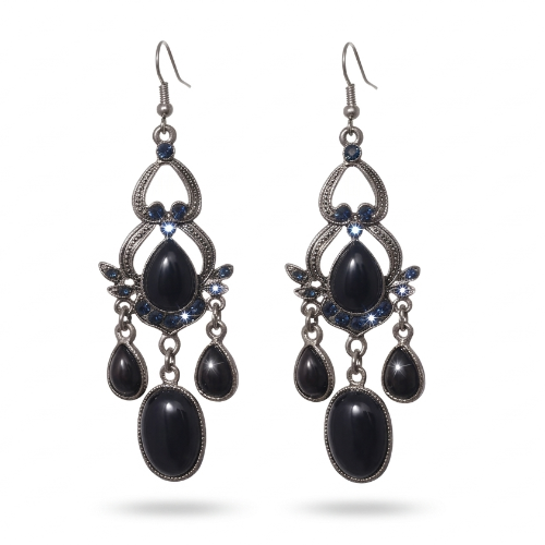 Black Onyx & Blue Crystal Chandelier Drop Earrings