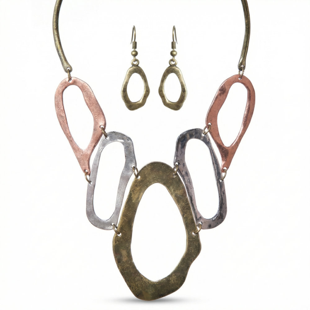 Tri-Tone Hammered Open Oval Link Jewelry Set