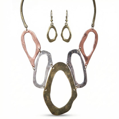 Tri-Tone Hammered Open Oval Link Jewelry Set