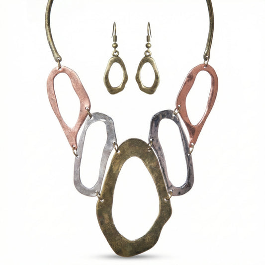 Tri-Tone Hammered Open Oval Link Jewelry Set