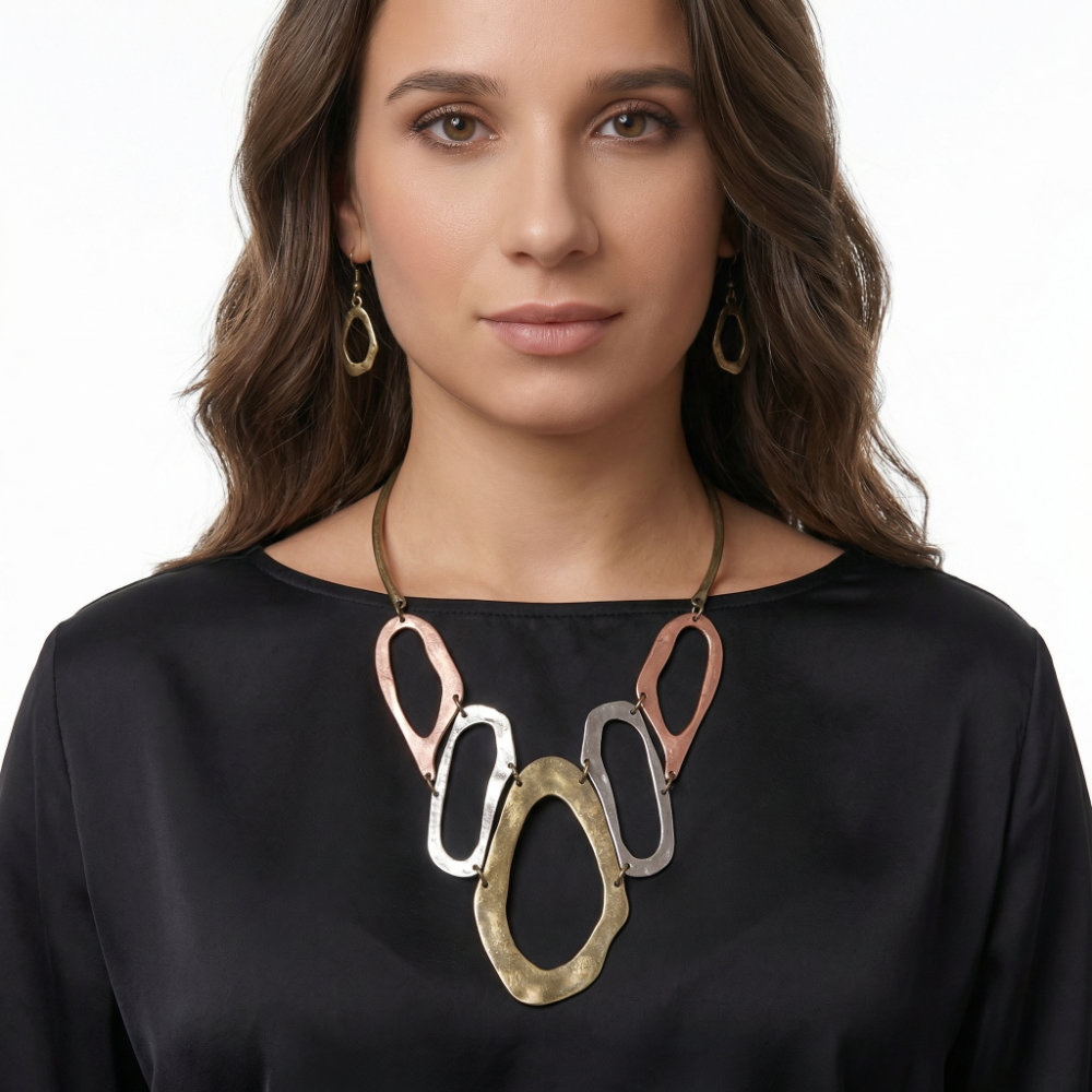 Tri-Tone Hammered Open Oval Link Jewelry Set