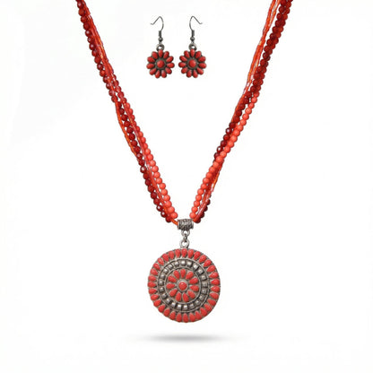 Coral Bead Round Medallion Jewelry Set