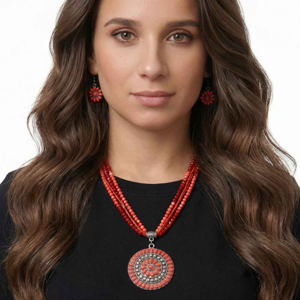 Coral Bead Round Medallion Jewelry Set