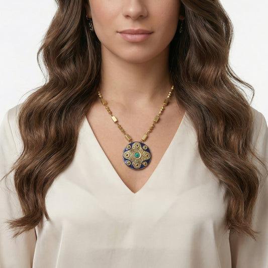 Blue & Gold Medallion Pendant Necklace