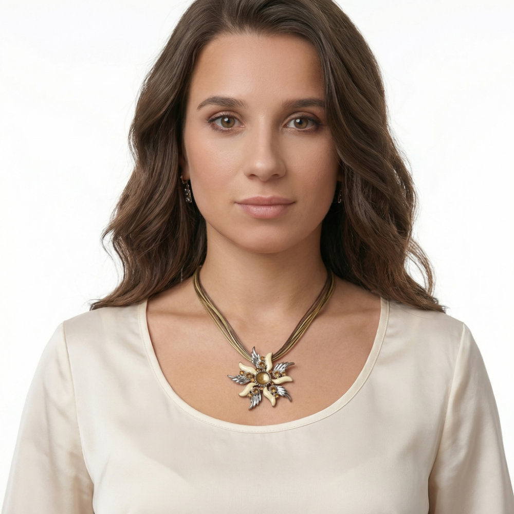 Cream & Silver Starburst Flower Multi-Strand Cord Necklace