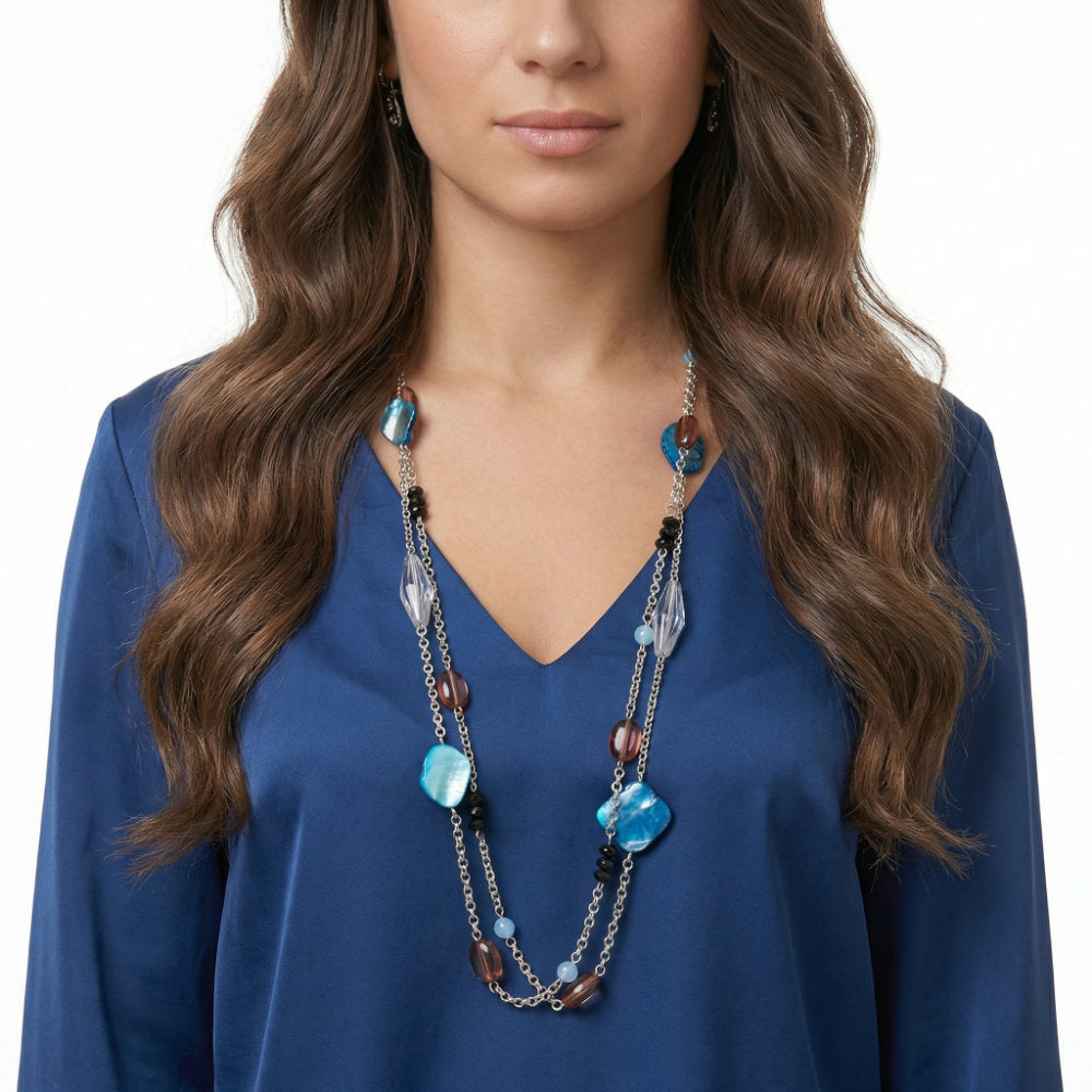 Blue & Brown Mixed Bead Long Silver Chain Necklace
