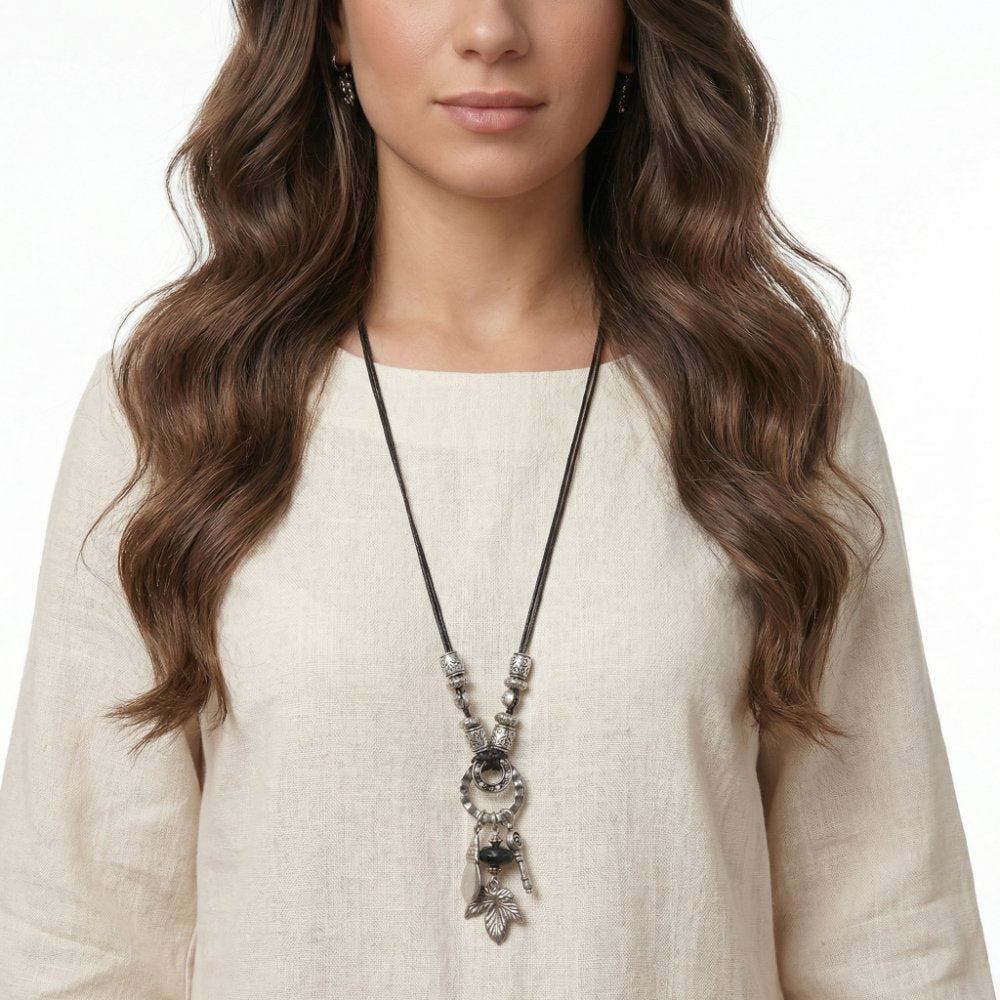 Silver Charm Ring Cord Long Necklace