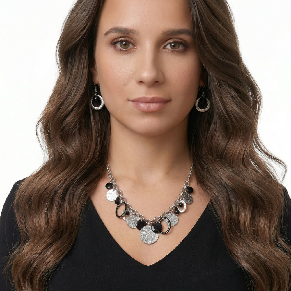 Silver and Black Geometric Charm Necklace Set