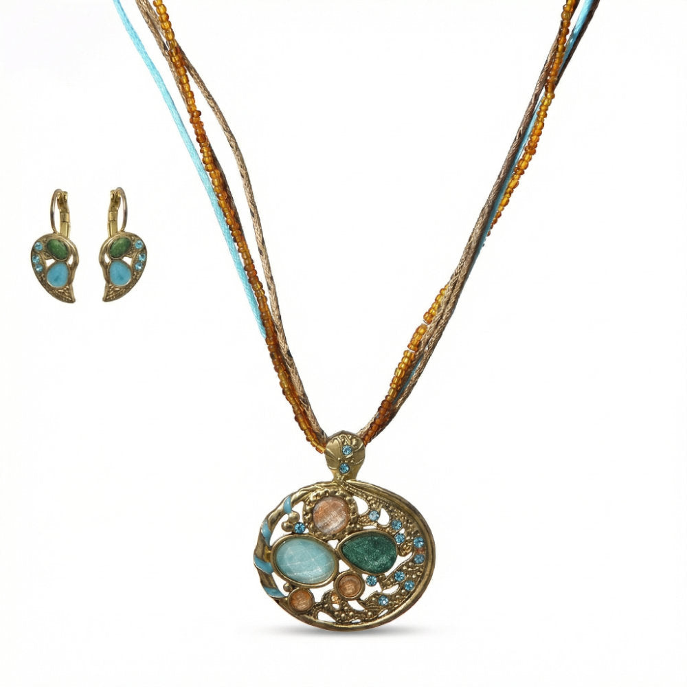 Teal & Blush Stone Oval Pendant Set