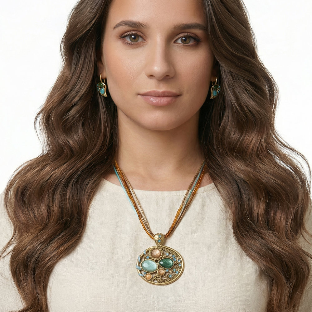 Teal & Blush Stone Oval Pendant Set