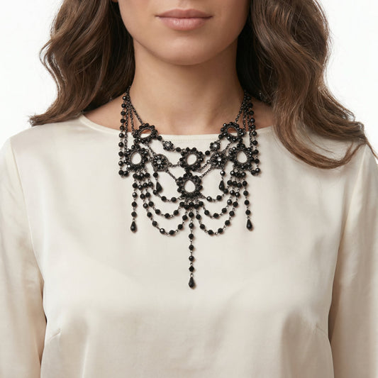 Black Crystal Cascade Statement Necklace