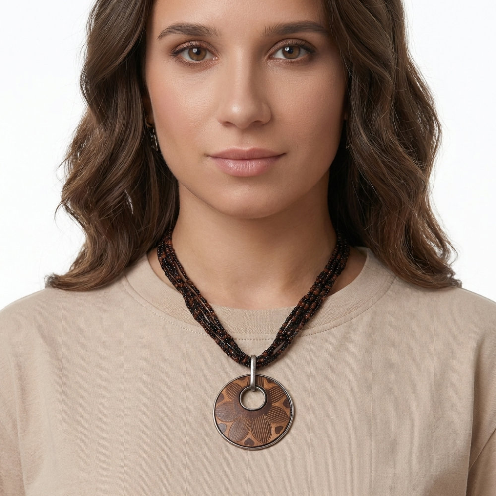 [NLF048] Carved Petal Wood & Seed Bead Necklace