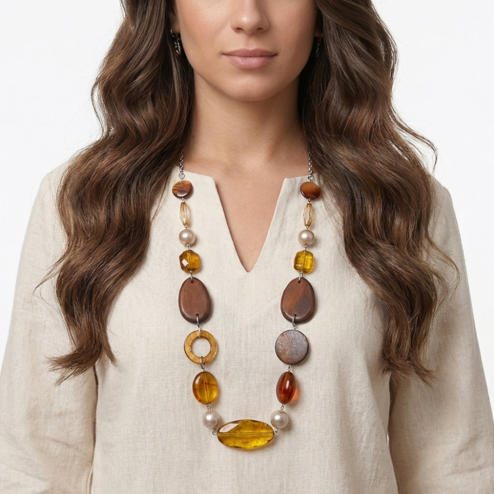 [NLF040] Earthy Amber & Wood Statement Necklace