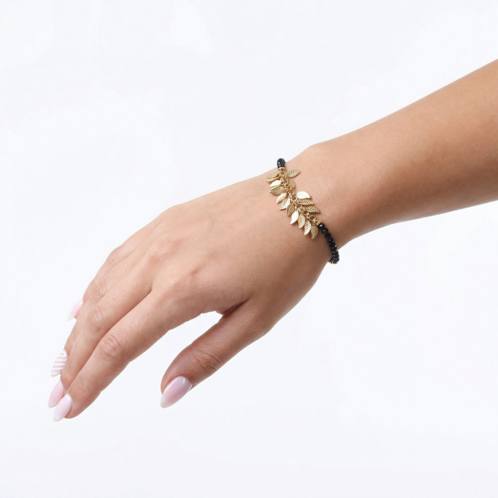 [BAHF010] Golden Leaves & Black Bead Bracelet