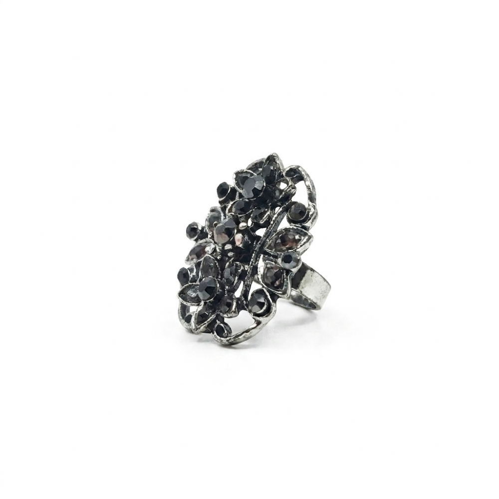[BATCHTWOR001] Vintage Noir Floral Crystal Statement Ring